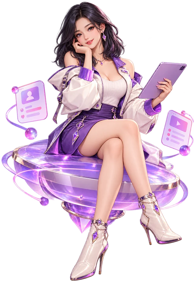 Karakter anime kreator digital dengan tablet dan kartu profil