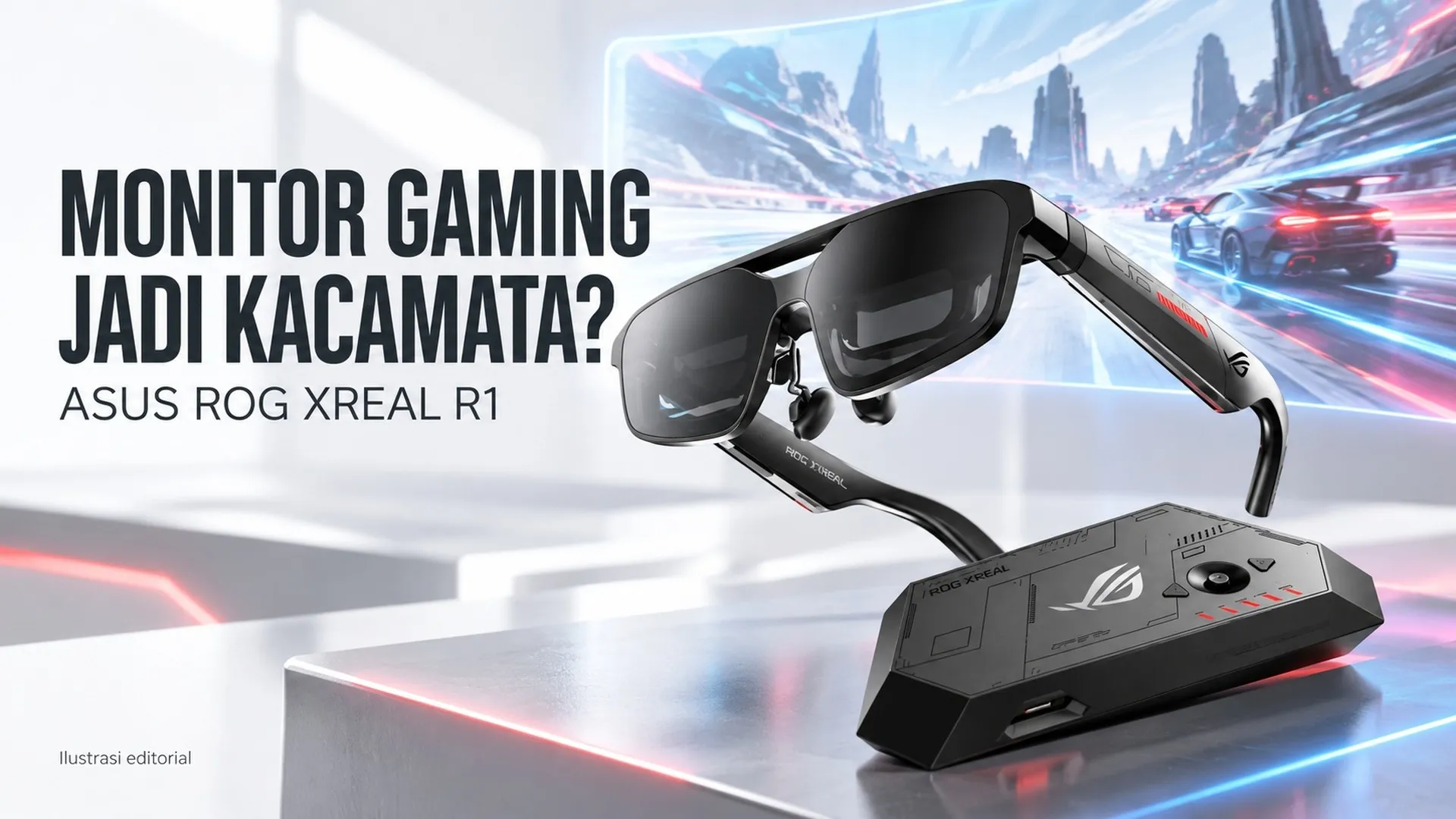 Ilustrasi editorial ASUS ROG XREAL R1, kacamata gaming dengan layar virtual dan Control Dock