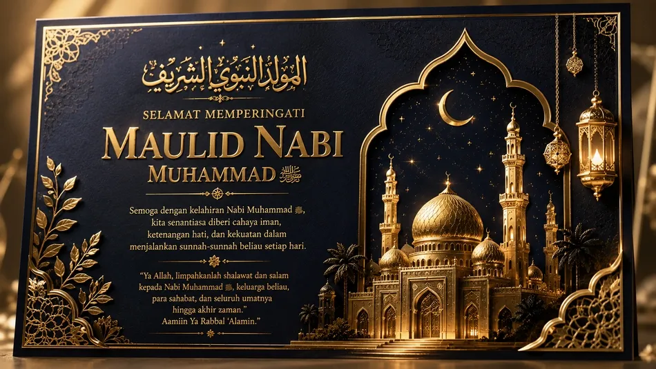 Contoh kartu ucapan Maulid Nabi luxury gold foil dengan latar navy