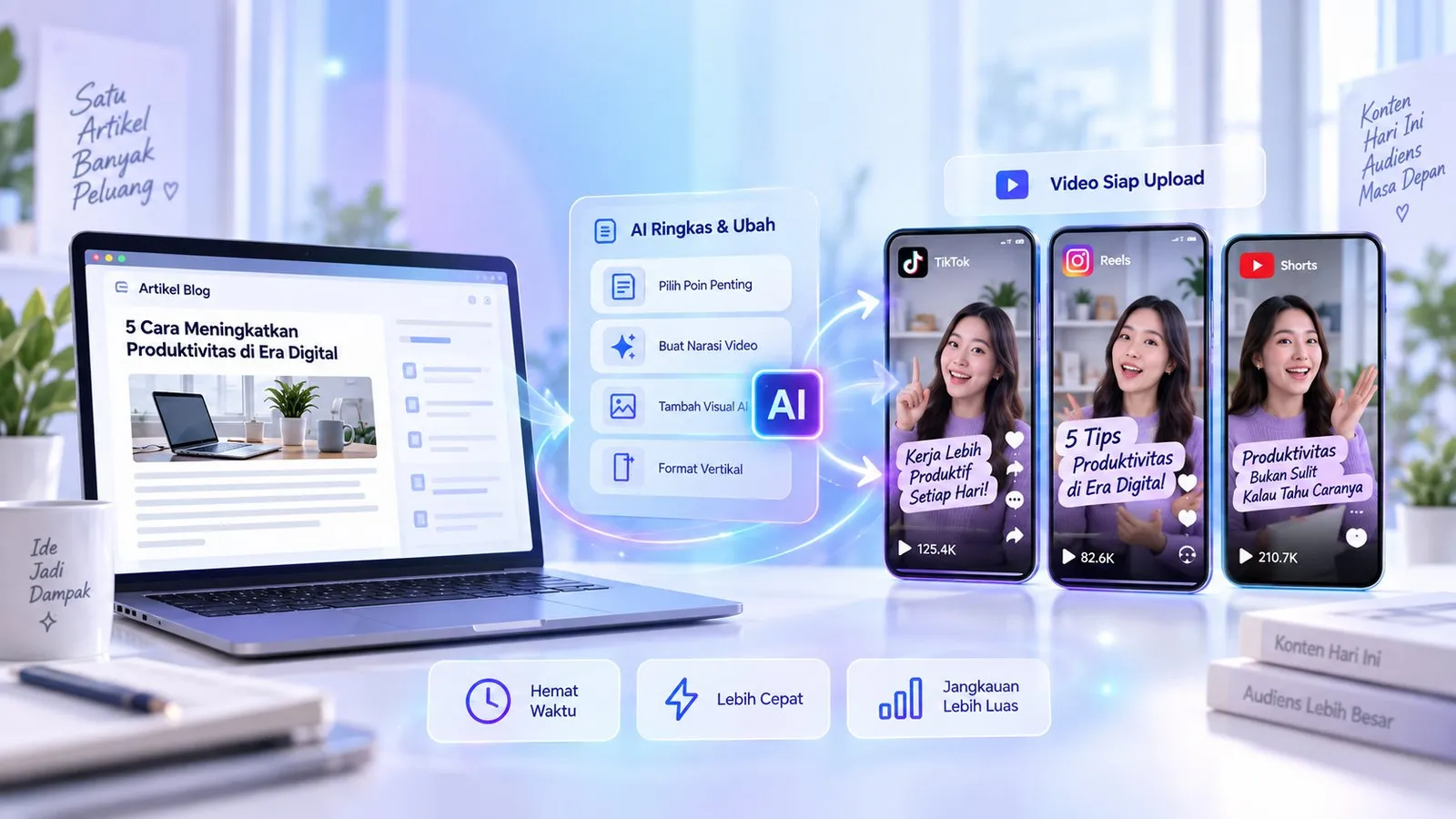 Ilustrasi satu artikel blog diubah AI menjadi beberapa video untuk TikTok, Reels, dan YouTube Shorts