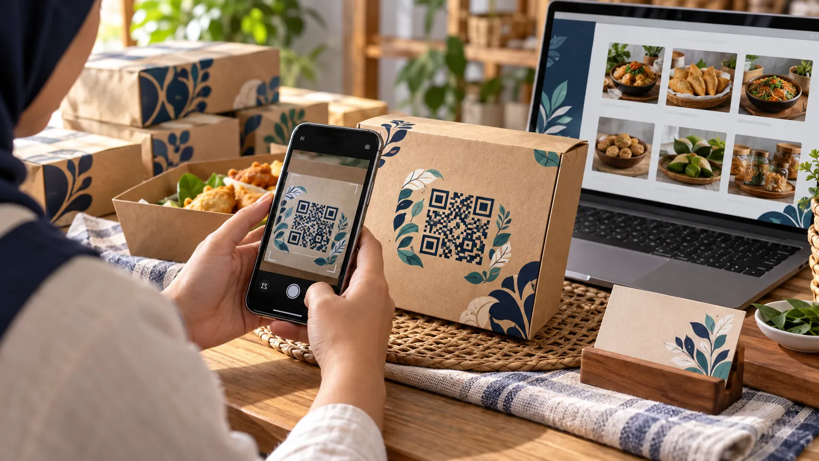 Ilustrasi ponsel memindai simbol QR pada kemasan produk UMKM