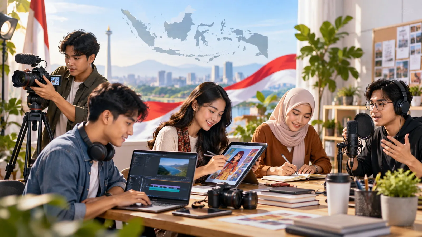 Ilustrasi kreator Indonesia membuat video, ilustrasi, tulisan, dan audio untuk kompetisi konten digital