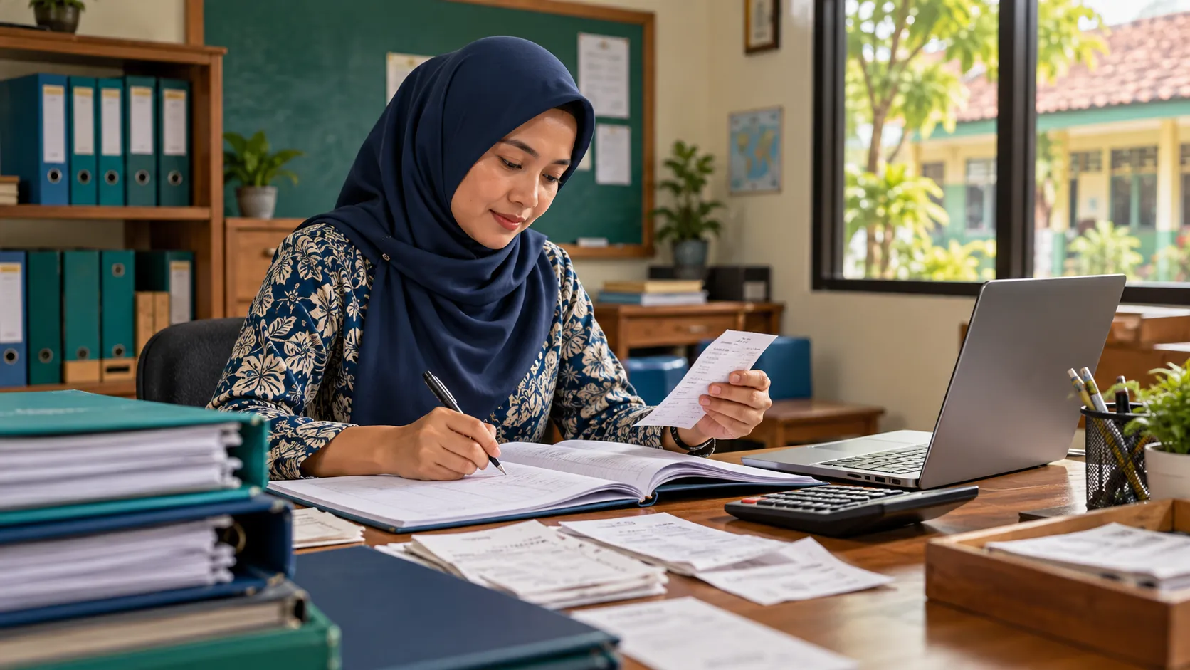 Bendahara sekolah memeriksa catatan dan bukti pembayaran
