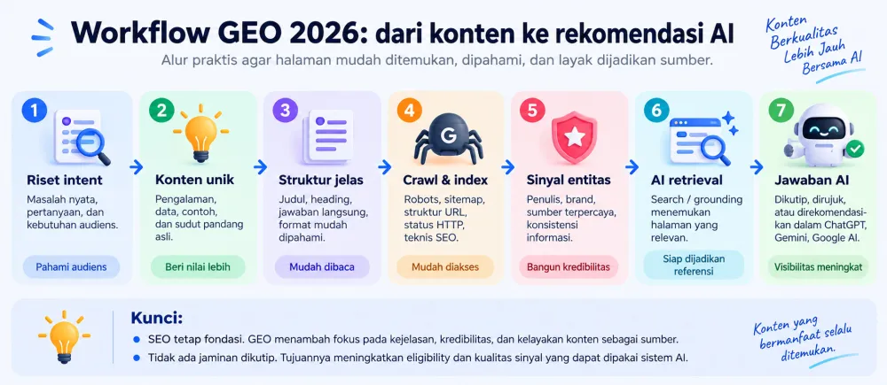 Workflow GEO dari riset intent hingga jawaban AI