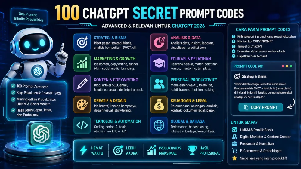 Ilustrasi SEO & Konten untuk 100 ChatGPT Secret Prompt Codes 2026