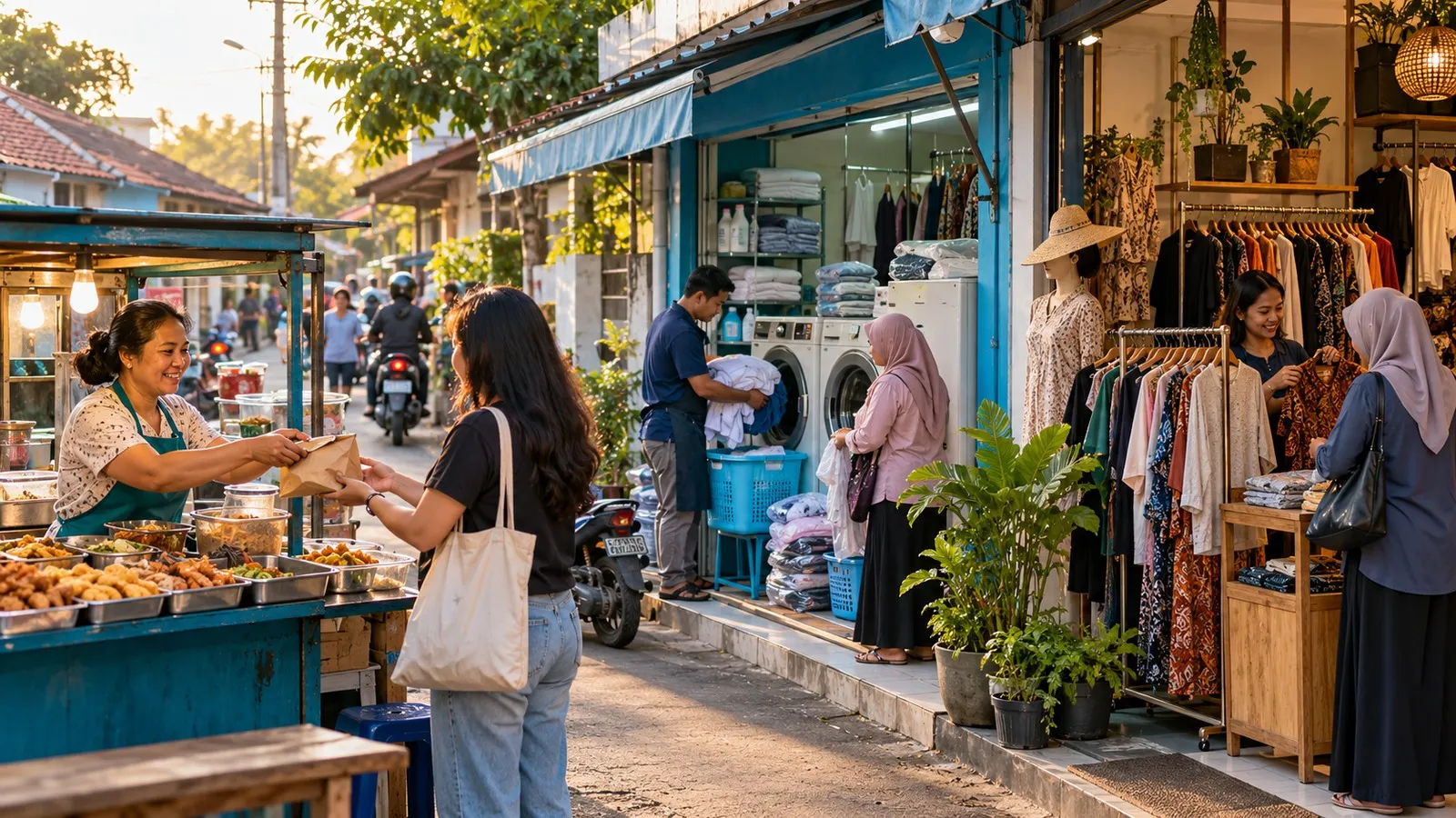 Lingkungan usaha kecil dengan gerai makanan, laundry, dan toko pakaian