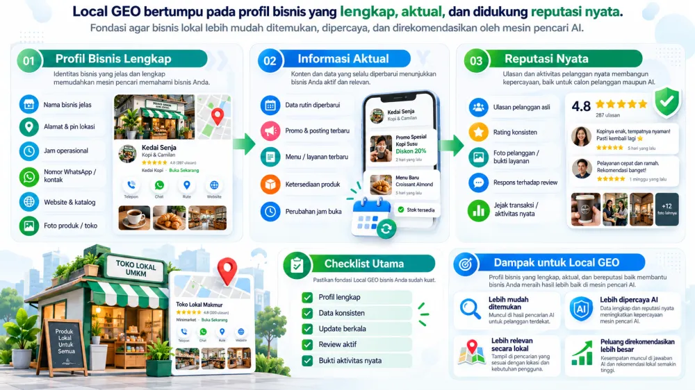 Local GEO bertumpu pada profil bisnis yang lengkap, aktual, dan didukung reputasi nyata.