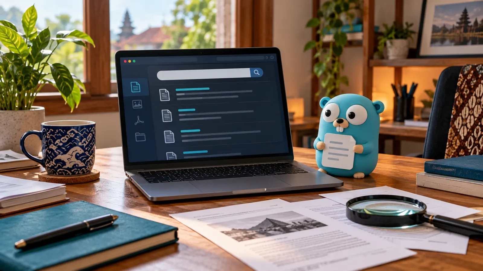 Ilustrasi alat pencarian teks lokal dengan laptop dan berkas Ilustrasi alat pencarian teks lokal dengan laptop dan berkas