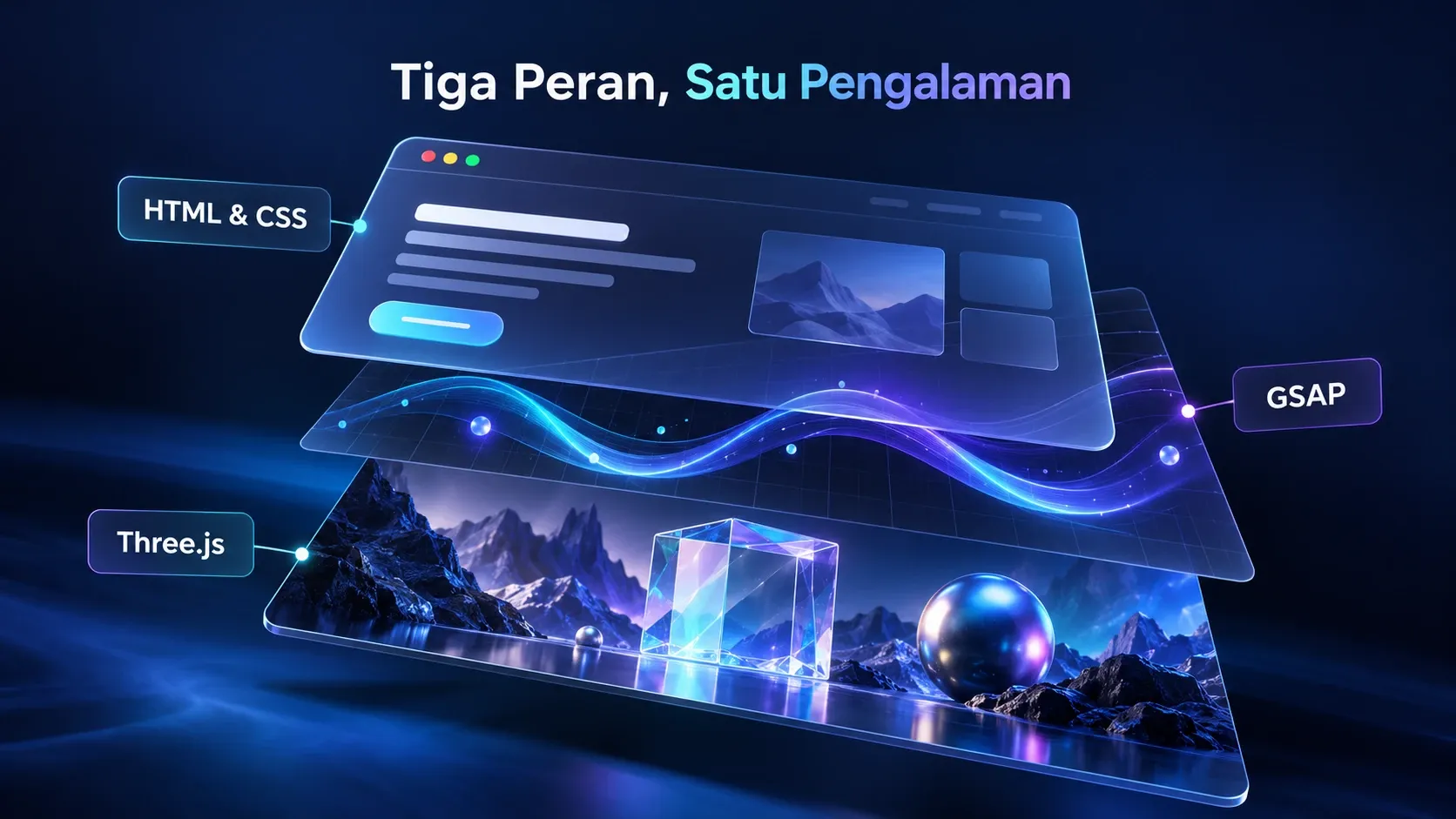 Perbandingan tanggung jawab HTML, GSAP, dan Three.js