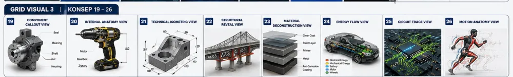 Grid Visual 3: 19. Component Callout View, 20. Internal Anatomy View, 21. Technical Isometric View, 22. Structural Reveal View, 23. Material Deconstruction View, 24. Energy Flow View, 25. Circuit Trace View, 26. Motion Anatomy View