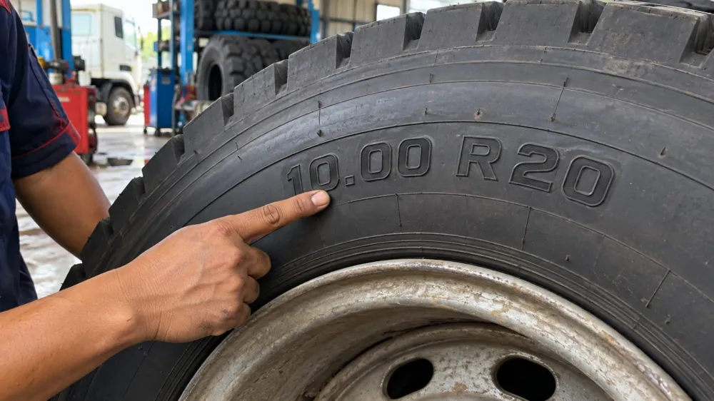Mekanik menunjuk kode ukuran 10.00 R20 di dinding ban truk tronton