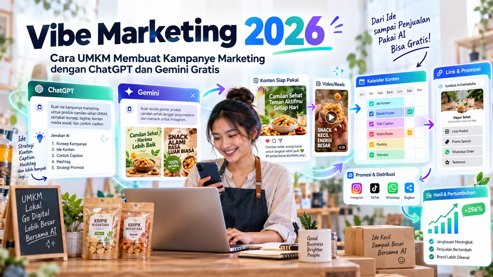 Ilustrasi pemilik UMKM menyusun kampanye vibe marketing dengan bantuan ChatGPT dan Gemini
