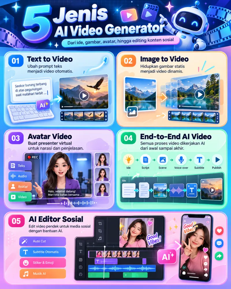 Infografis lima jenis AI video generator: text to video, image to video, avatar, end-to-end, dan AI editor sosial