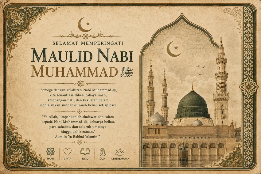 Contoh kartu ucapan Maulid Nabi vintage dengan tekstur parchment