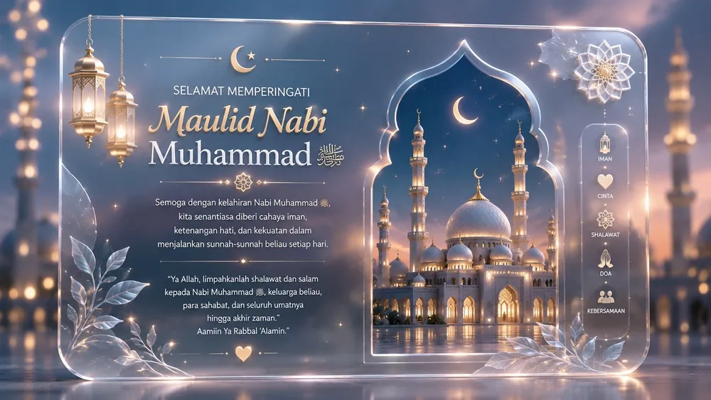 Contoh kartu ucapan Maulid Nabi glassmorphism transparan