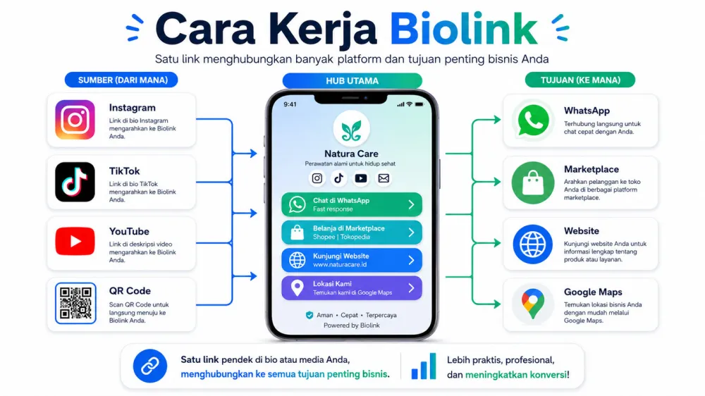 Diagram cara kerja biolink dari media sosial menuju WhatsApp marketplace website dan Google Maps