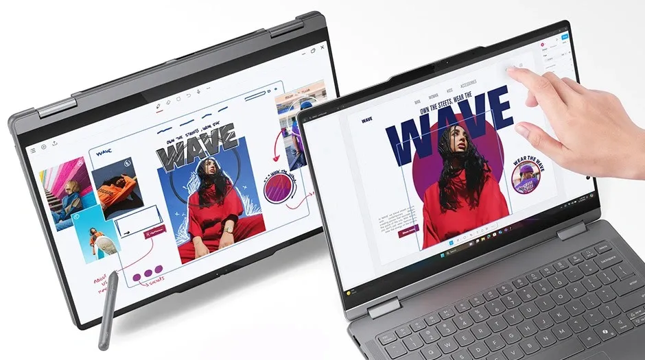 Ilustrasi penggunaan stylus dan touchscreen Yoga 7i Gen 10. Sumber: Lenovo.