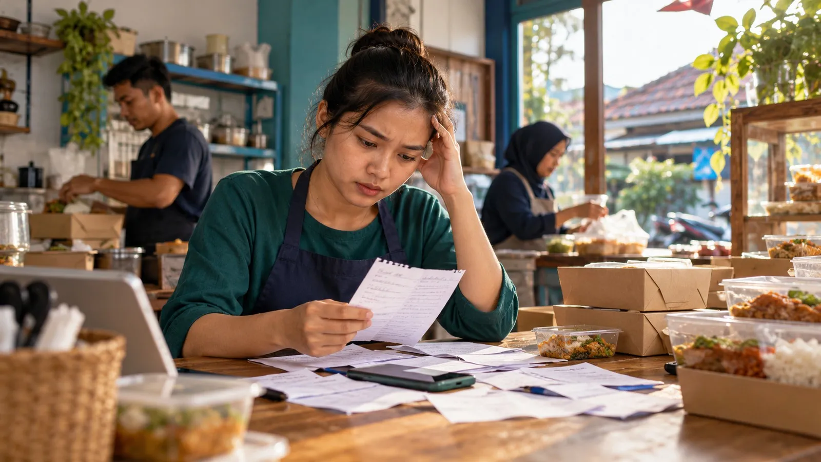 Pemilik usaha makanan menghadapi pesanan, kemasan, dan pekerjaan administrasi