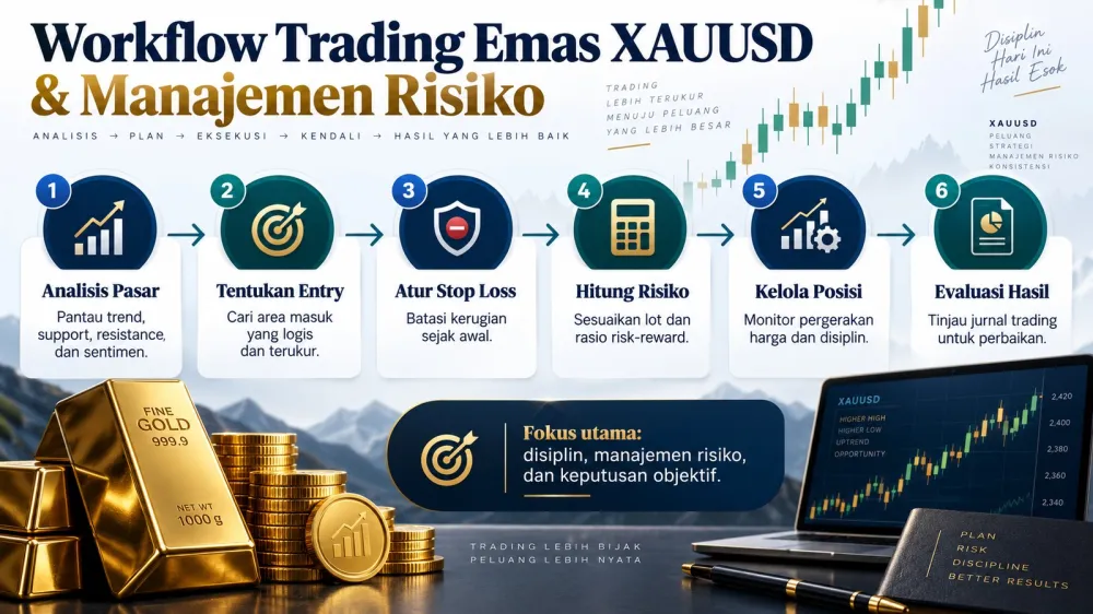 Workflow trading emas XAUUSD dengan rencana, analisis, entry, stop loss, dan evaluasi
