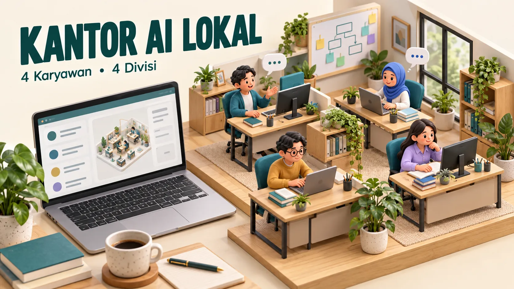 Ilustrasi kantor AI lokal dengan empat karyawan virtual, meja kerja, dan laptop