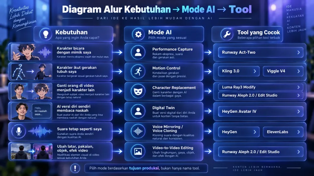 Diagram alur kebutuhan ke mode AI ke tool
