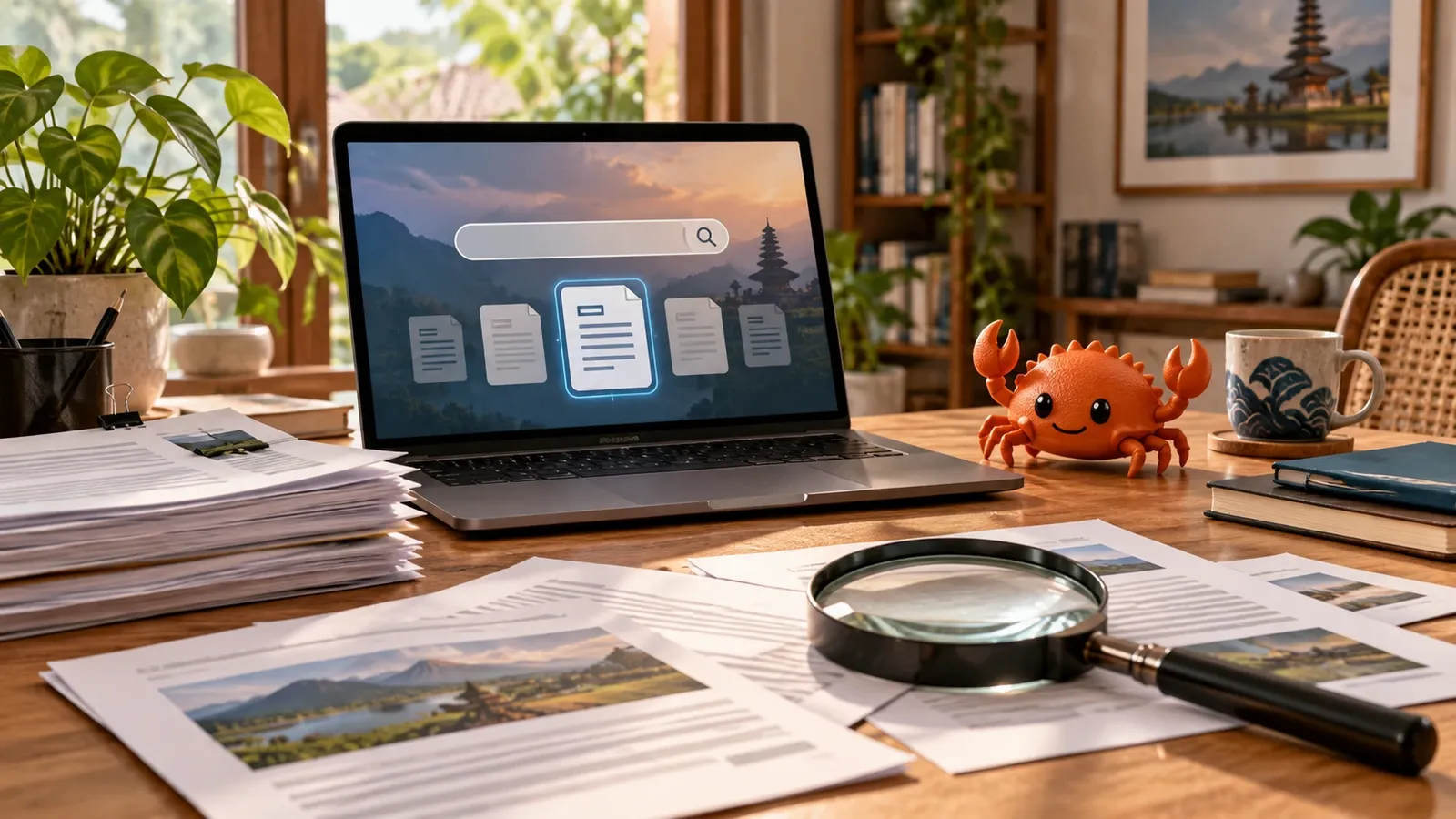 Ilustrasi proyek pencarian teks dengan dokumen dan laptop Ilustrasi proyek pencarian teks dengan dokumen dan laptop