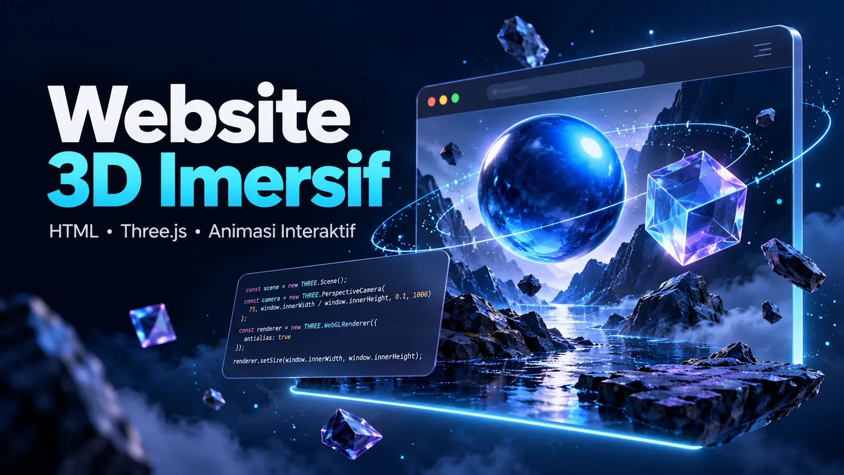 Ilustrasi konseptual website 3D imersif dengan objek dan lapisan antarmuka