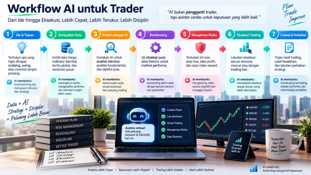 Workflow penggunaan AI sebagai asisten analisis untuk trader