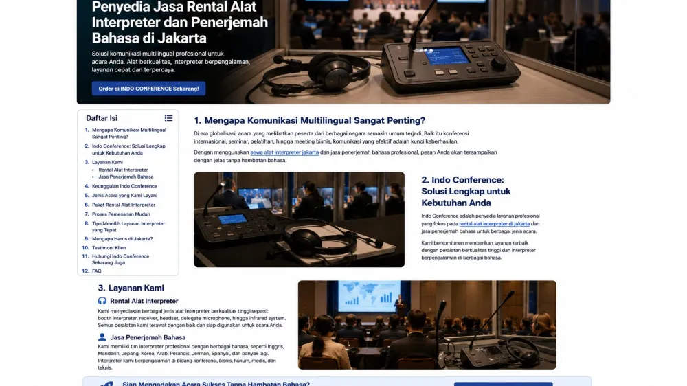 Ilustrasi komponen alat interpreter berupa transmitter, receiver, dan headset