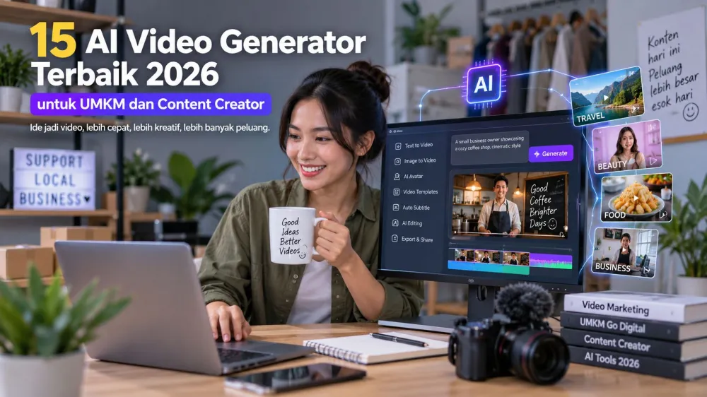 Content creator dan pelaku UMKM membuat video menggunakan AI video generator di workstation modern