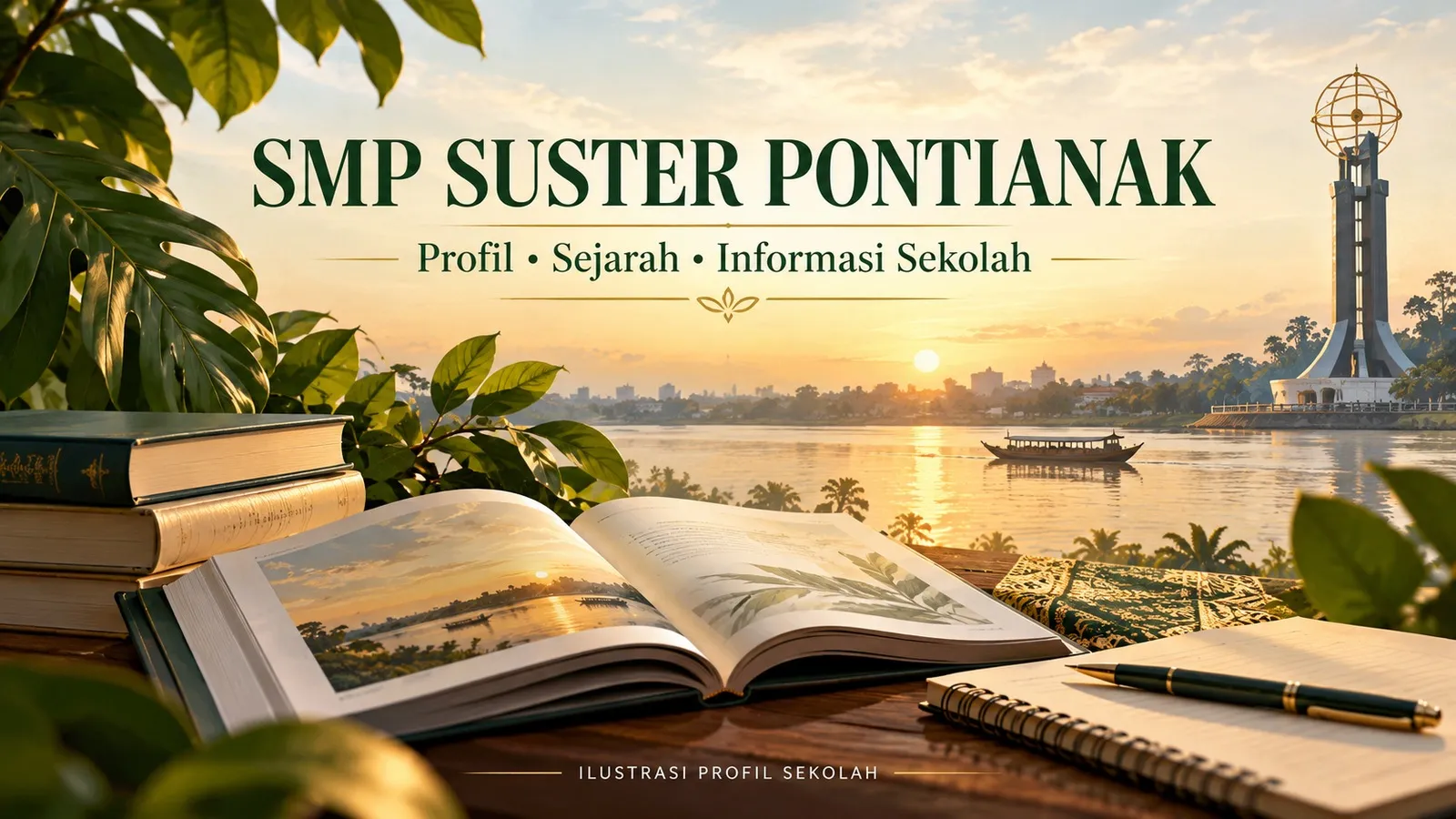 Ilustrasi profil SMP Suster Pontianak dengan buku dan motif sungai Kapuas