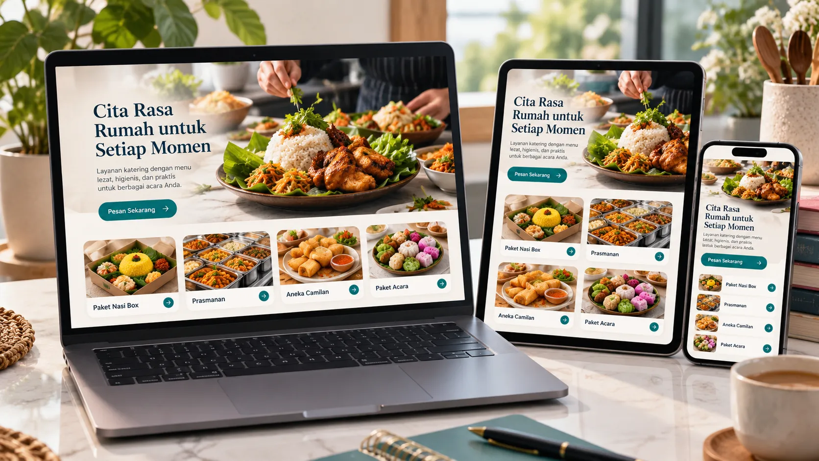 Ilustrasi website katering pada laptop, tablet, dan ponsel