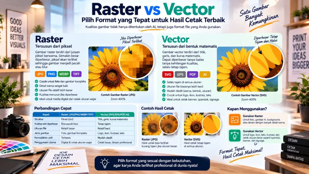 Infografis perbedaan raster dan vector untuk kebutuhan cetak