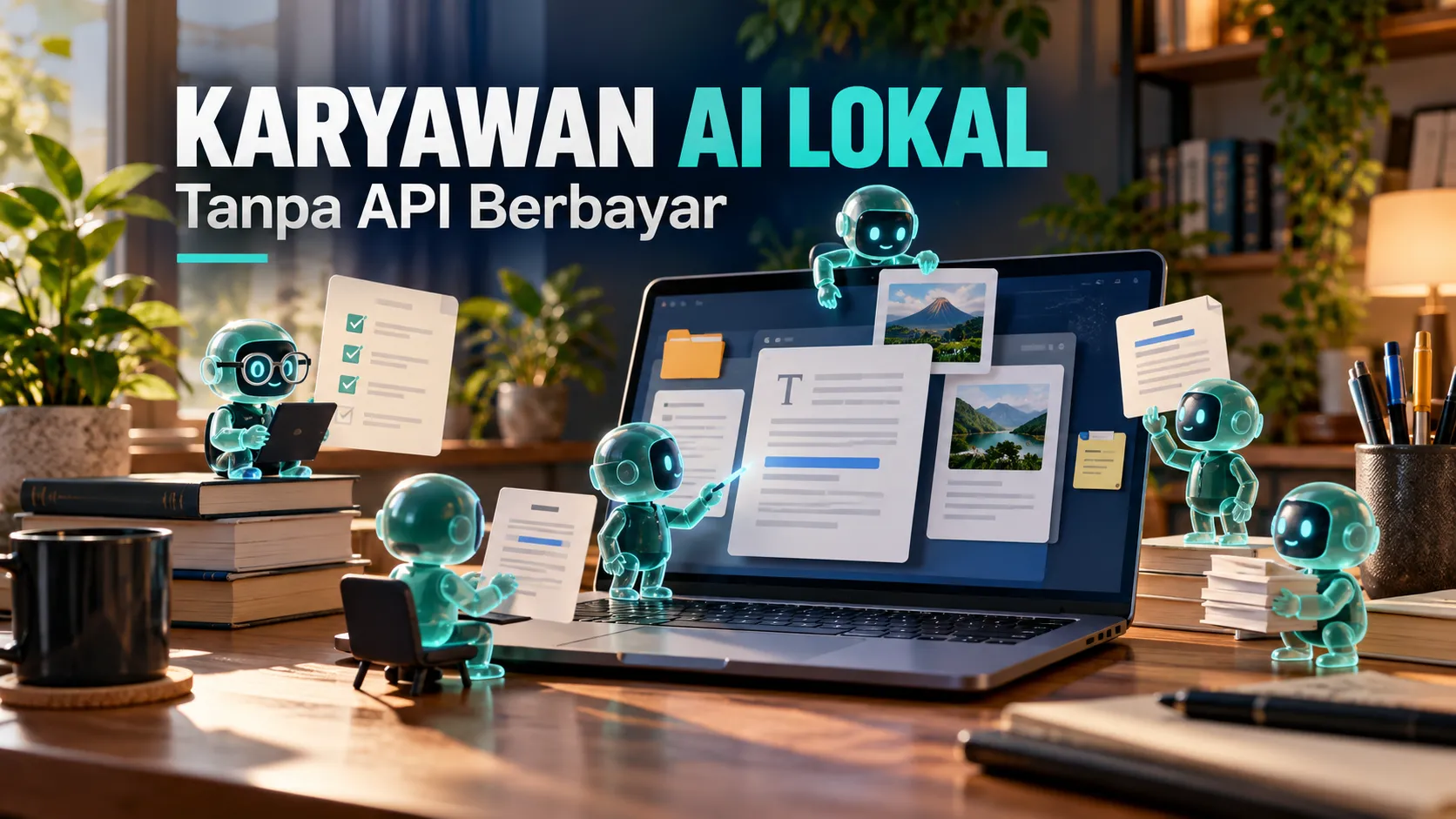 Ilustrasi laptop dengan karyawan AI virtual dan tulisan Karyawan AI Lokal Tanpa API Berbayar