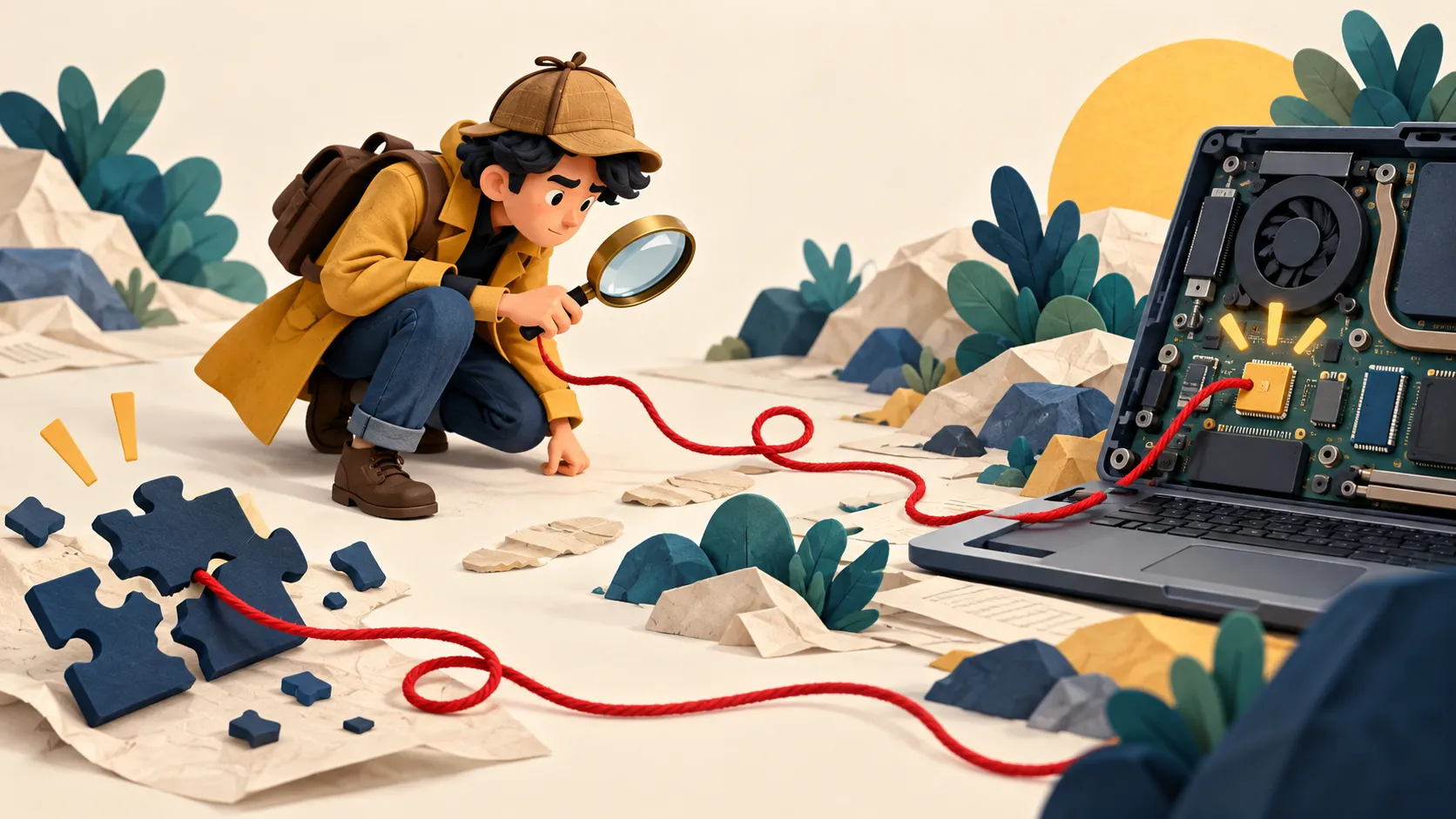 Ilustrasi konseptual: Debug: reproduksi, buktikan penyebab, perbaiki