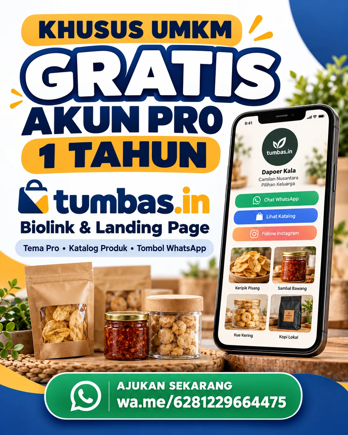 Ajukan gratis akun Pro Tumbas.in satu tahun khusus UMKM melalui WhatsApp Ajukan gratis akun Pro Tumbas.in satu tahun khusus UMKM melalui WhatsApp