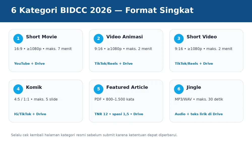 Infografis enam kategori BIDCC 2026 beserta format singkat karya