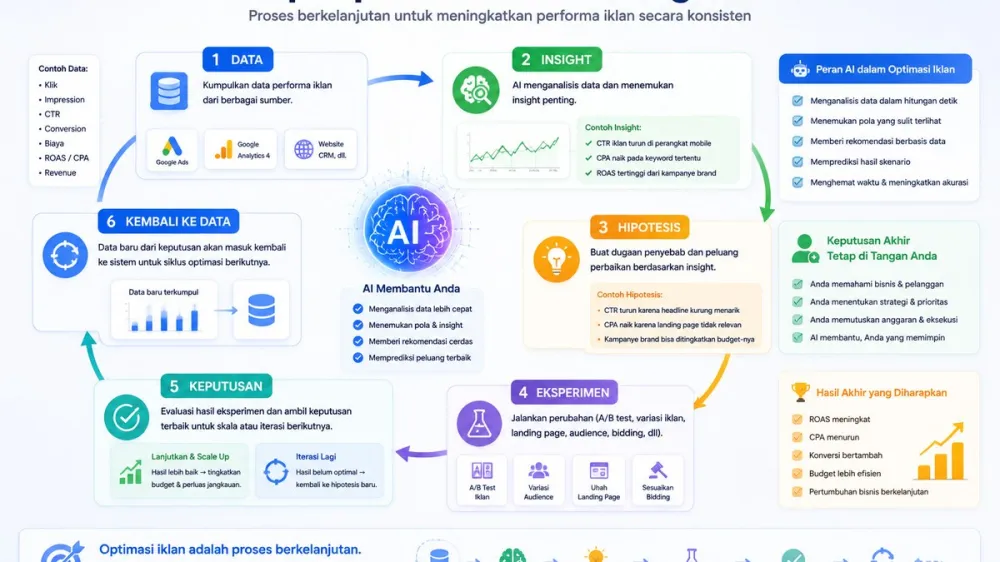 Alur optimasi iklan UMKM berbasis AI dari data hingga keputusan