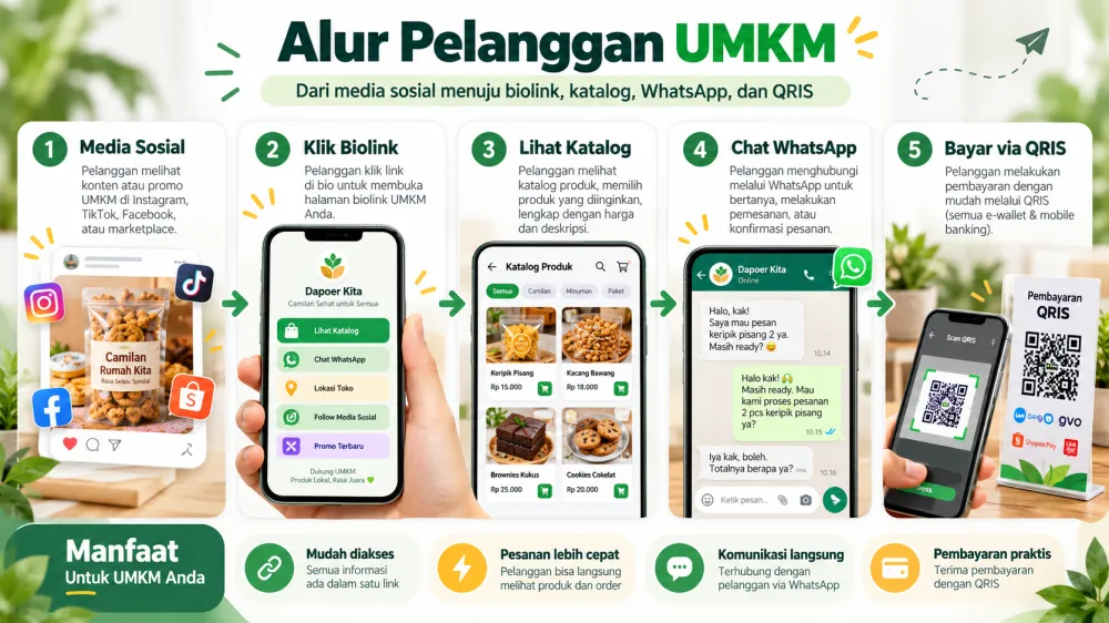 Alur pelanggan UMKM dari media sosial menuju biolink, katalog, WhatsApp dan QRIS