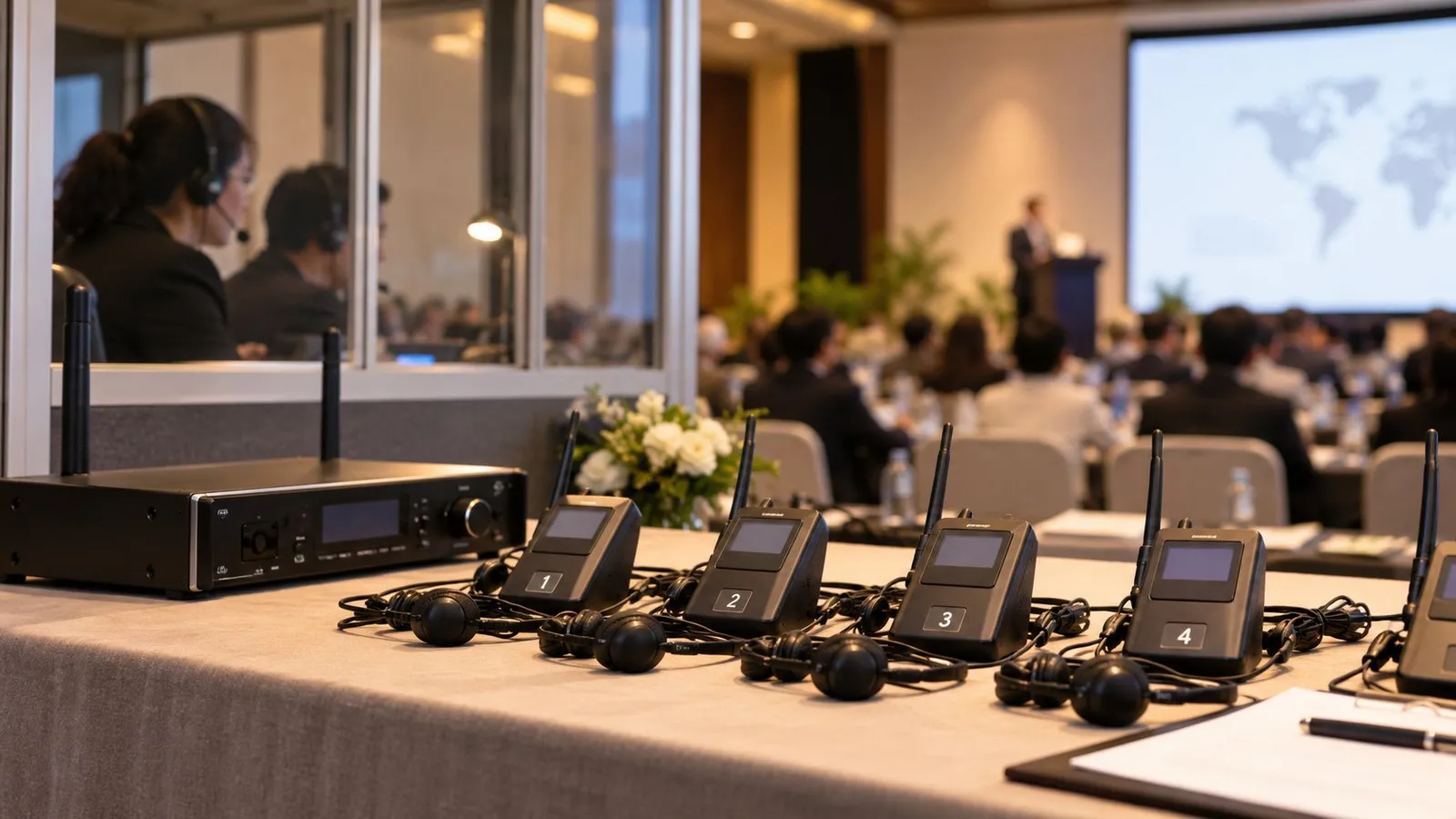 Receiver wireless interpreter dan headset yang disiapkan untuk peserta konferensi