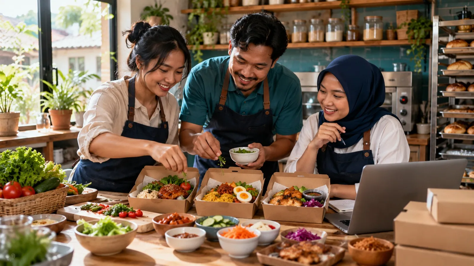 Tim usaha makanan menata beberapa konsep paket dengan bahan dan kemasan nyata