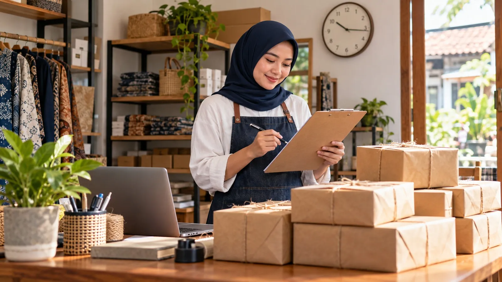 Pemilik toko memeriksa daftar kerja di samping pesanan yang sudah dikemas