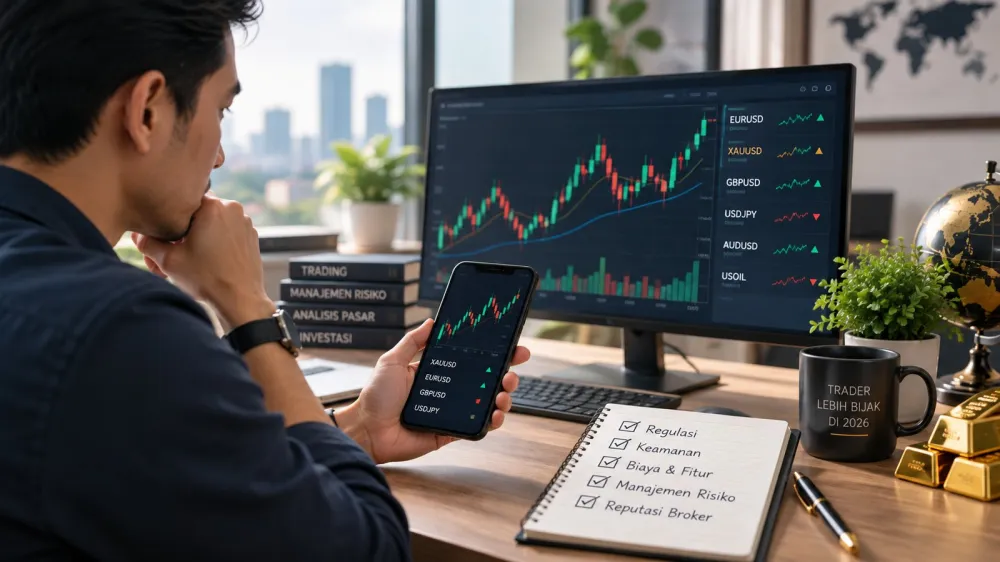Ilustrasi review aplikasi trading terpercaya 2026 dengan elemen pasar, ponsel, dan proteksi risiko