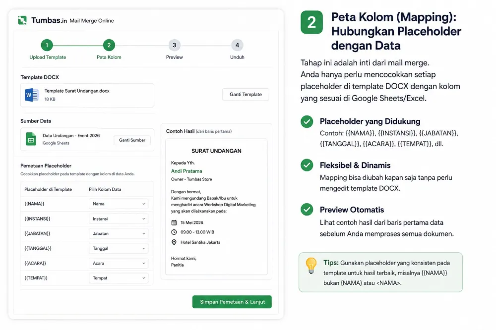 Empat langkah mail merge online dari template DOCX dan Google Sheets
