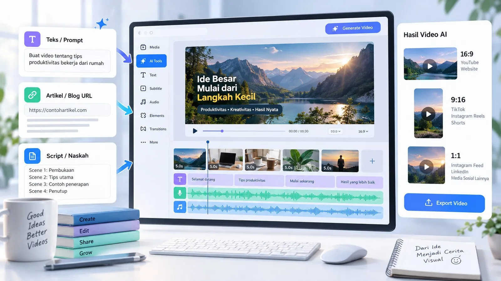 Ilustrasi workflow FlexClip AI Video Editor dari teks, artikel, dan script menuju timeline video serta format 16:9, 9:16, dan 1:1