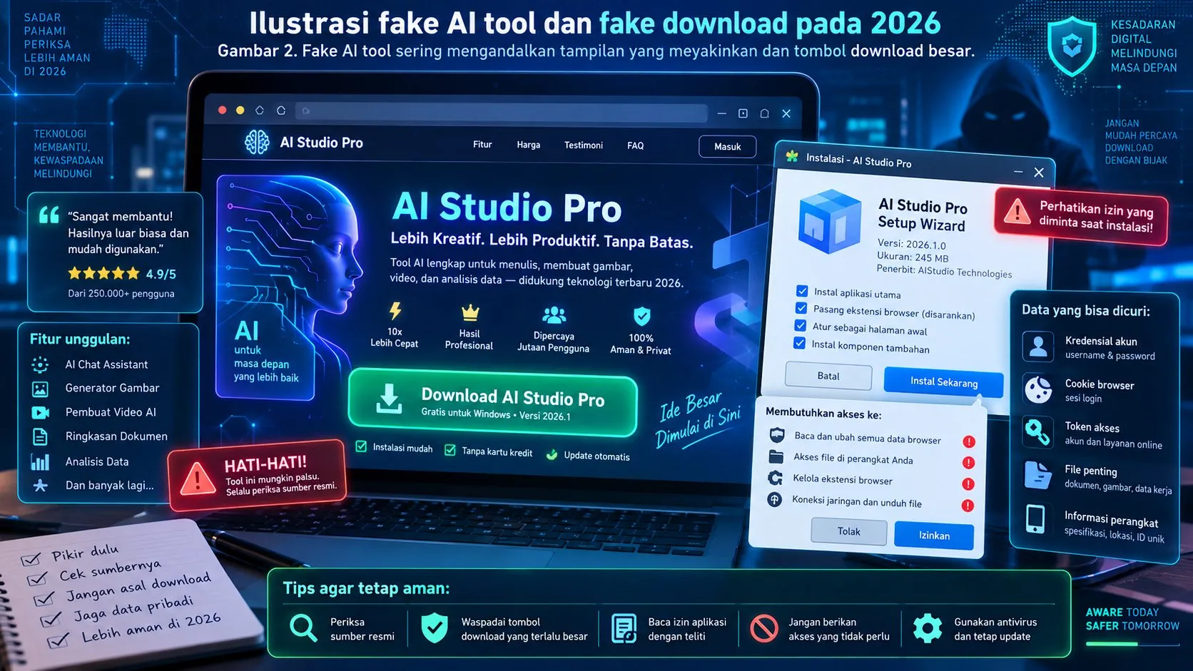 Ilustrasi fake AI tool dan fake download pada 2026