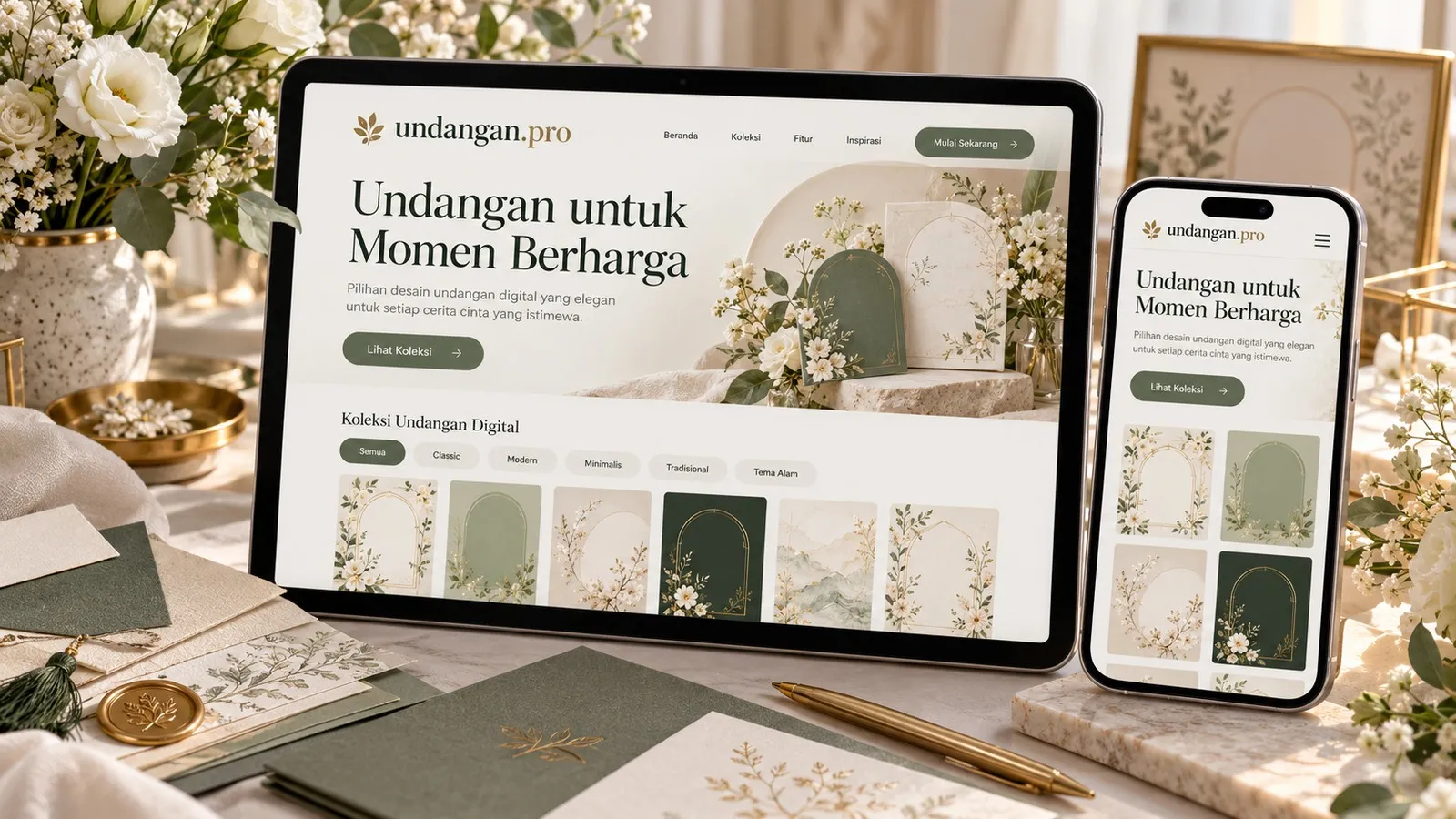 Konsep undangan.pro dengan katalog desain elegan pada tablet dan ponsel