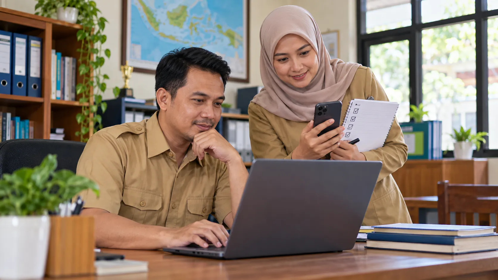 Petugas sekolah menguji website melalui laptop dan ponsel