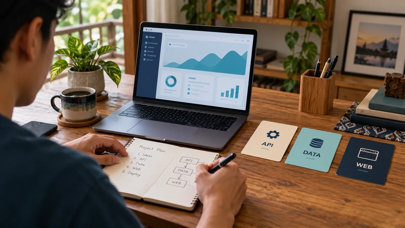 Ilustrasi penyusunan rencana belajar API, data, dan web di meja kerja