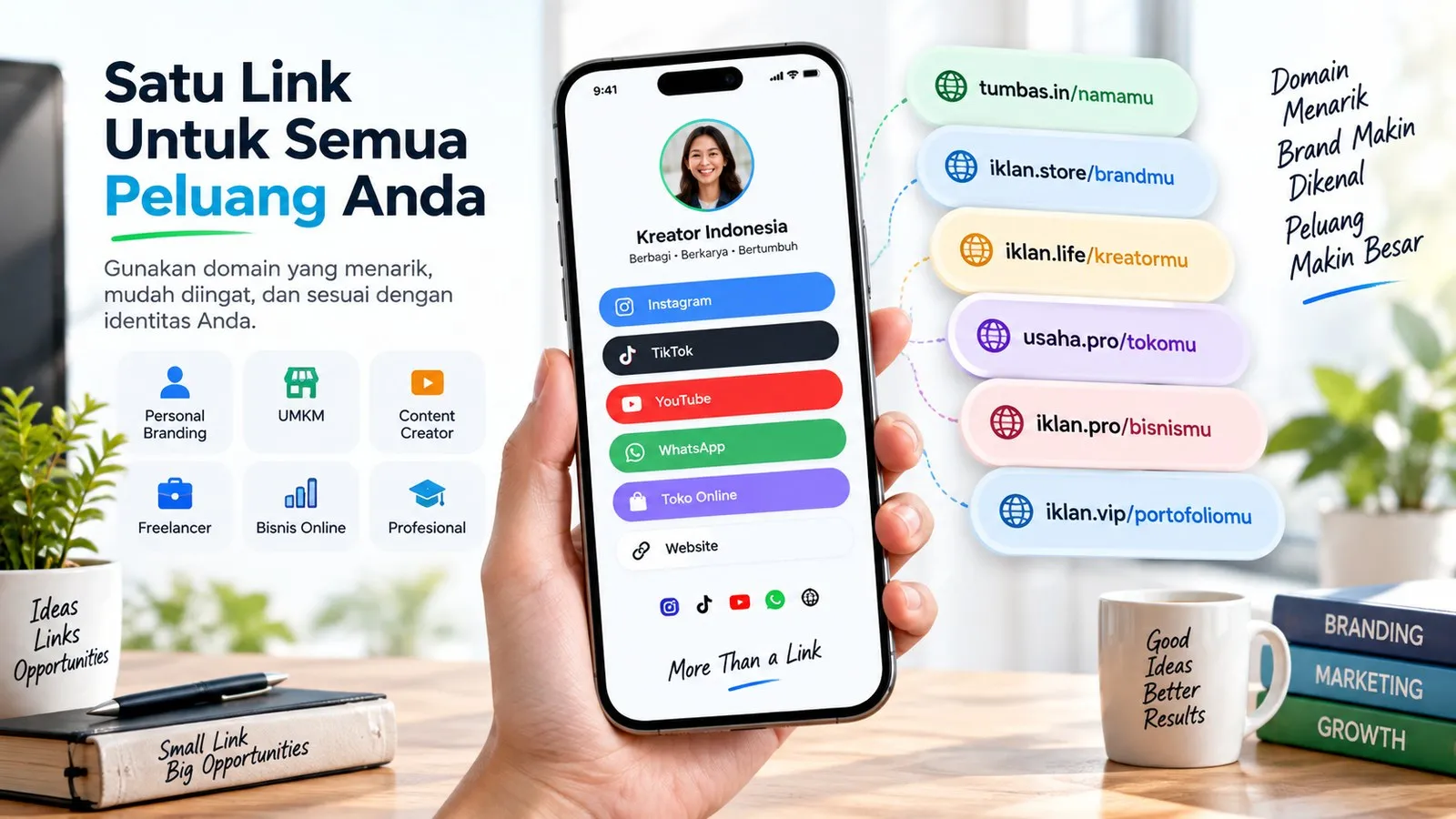 Contoh penggunaan domain biolink untuk creator, UMKM, freelancer dan bisnis